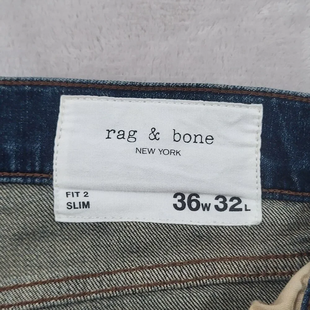 Rag & Bone Fit 2 Slim Mens Jeans 36x32 Cole Wash Dark Blue Stretch Denim Pants